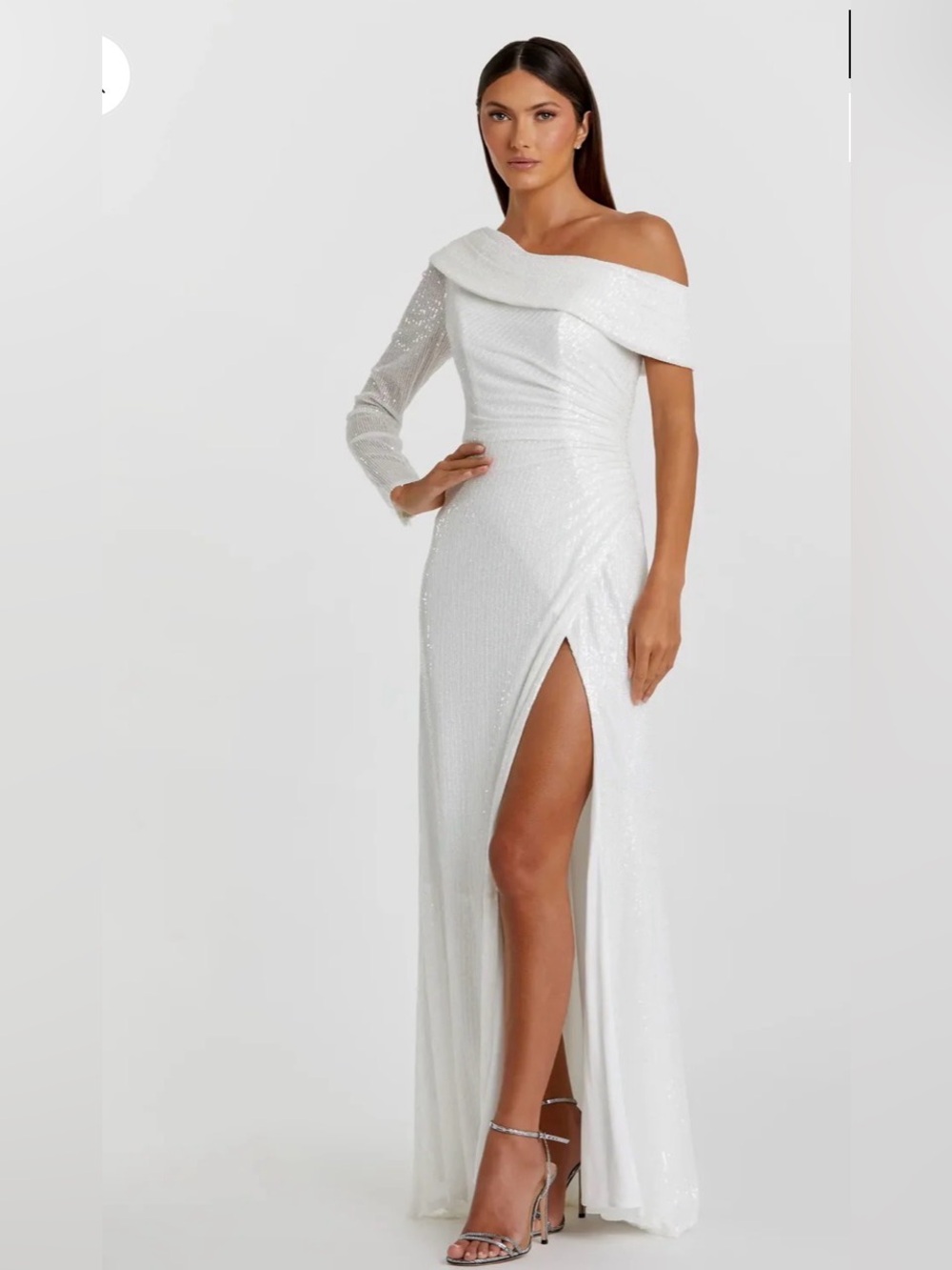 Mac Duggal Sequin One-Shoulder White Evening Gown with High Slit